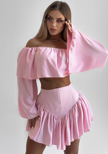 Women summer solid top and pleated skirt two-piece set