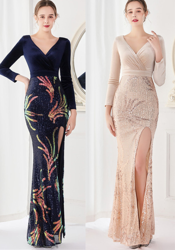 Winter Elegant Green Veet With Sequ Deep v Neck Long Sleeve Slit Cocktail Eevening Dress