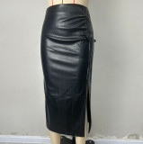 Women's High-Waist Slit PU Leather Skirt