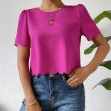 Women solid shell edge crop top round neck short-sleeved shirt t-shirt