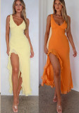 Women Spring Summer Sexy V-Neck Lotus Leaf Split Suspender Maxi Dress