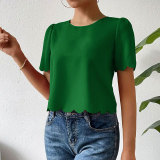 Women solid shell edge crop top round neck short-sleeved shirt t-shirt