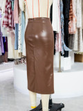 Women's High-Waist Slit PU Leather Skirt