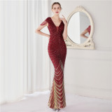 Summer Elegant v Neck Tassels Short Sleeve Sequ Stripe Mermaid Evening Dress
