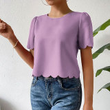 Women solid shell edge crop top round neck short-sleeved shirt t-shirt