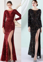 Winter Elegant Gray Sequ Mesh Patch Long Sleeve Slit Mermaid Formal Cocktail Evening Dress Winter Elegant Gray Sequ Mesh Patch Long Sleeve Slit Mermaid Formal Cocktail Evening Dress