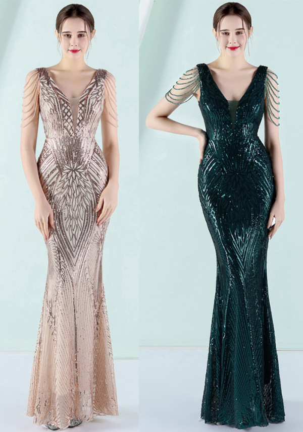 Women Summer Burgunry Modest v-Neck Sleeveless Patchwork Sequined Mermaid Fringed Evening Dress