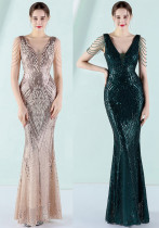 Women Summer Burgunry Modest v-Neck Sleeveless Patchwork Sequined Mermaid Fringed Evening Dress Women Summer Burgunry Modest v-Neck Sleeveless Patchwork Sequined Mermaid Fringed Evening Dress