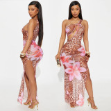 Slash Shoulder Hollow Sheer Mesh Print Dress for Women