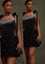 Women black suspender bow beaded beaded formal party bandage dress Women black suspender bow beaded beaded formal party bandage dress