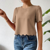 Women solid shell edge crop top round neck short-sleeved shirt t-shirt