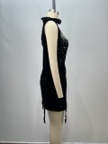 Women black suspender bow beaded beaded formal party bandage dress