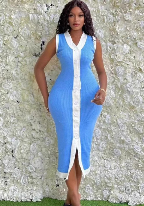 Women contrast Ribbed Single-breasted v-neck sleeveless knitting dress