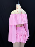 Women summer solid top and pleated skirt two-piece set