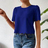 Women solid shell edge crop top round neck short-sleeved shirt t-shirt
