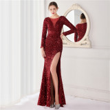 Winter Elegant Gray Sequ Mesh Patch Long Sleeve Slit Mermaid Formal Cocktail Evening Dress