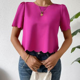 Women solid shell edge crop top round neck short-sleeved shirt t-shirt