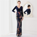 Winter Elegant Green Veet With Sequ Deep v Neck Long Sleeve Slit Cocktail Eevening Dress