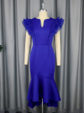 Women Sexy Lotus Leaf Pleated Short Sleeve Formal Party Bodycon Fishtail Dresses