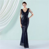 Women Summer Burgunry Modest v-Neck Sleeveless Patchwork Sequined Mermaid Fringed Evening Dress