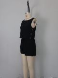 Women Solid button lotus leaf Lace-Up bow sleeveless top and shorts two-piece set