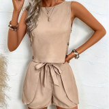 Women Solid button lotus leaf Lace-Up bow sleeveless top and shorts two-piece set