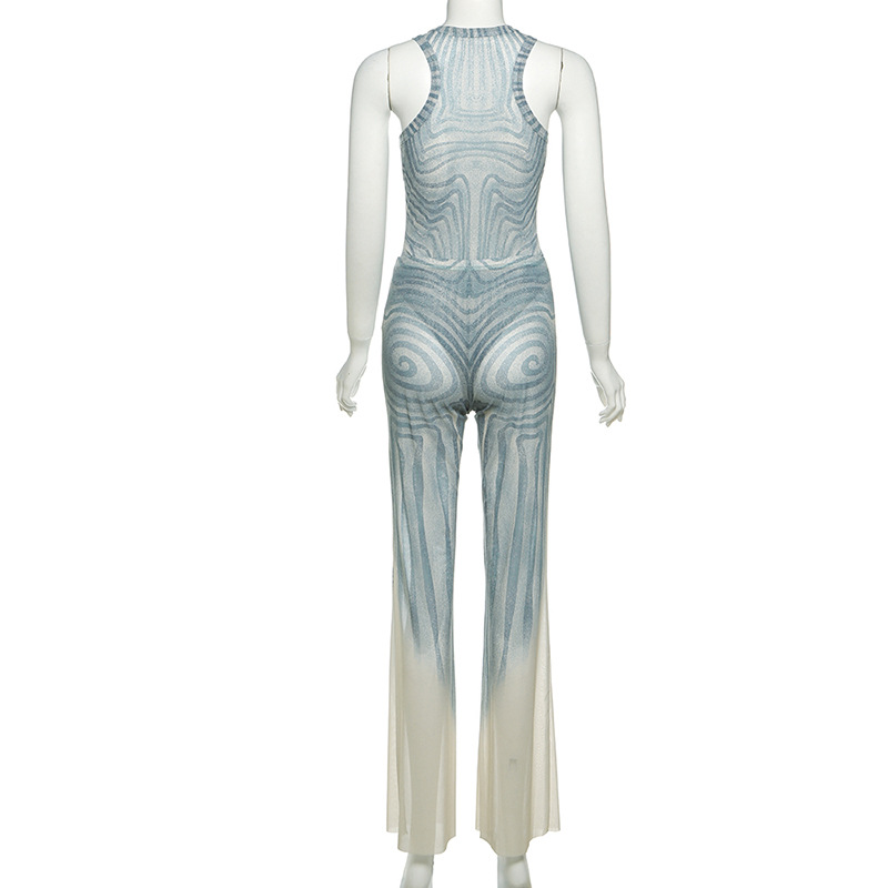 Women's Summer Fashionable Sexy Mesh Sheer Sleeveless Bodysuit Pants Set