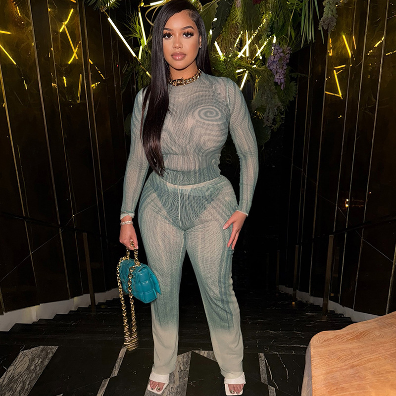 Women's Summer Fashionable Sexy Mesh Sheer Sleeveless Bodysuit Pants Set