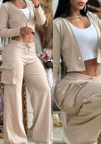 Fashionable casual solid color long sleeve two piece pants set women's clothing
