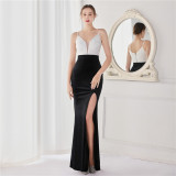 Spring Sequin Patch Dark Blue v Neck Straps Slit Formal Cocktail Evening Dress