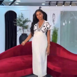 Women's Spring Elegant V-Neck High Waist Knit Jacquard Long Dress