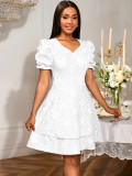 Women V-Neck Wedding Party Puff Sleeve Elegant Bridesmaid Dress
