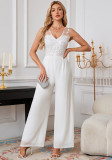 Women's Sexy V-Neck Wide-Leg Wedding Formal Party White Chiffon Lace Jumpsuit