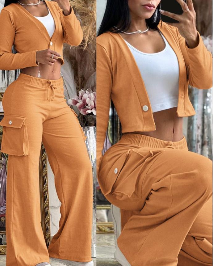 Fashionable casual solid color long sleeve two piece pants set women's clothing