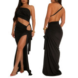 Fashionable women's solid color slash shoulder sexy slit dress