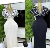 Women's Spring Elegant V-Neck High Waist Knit Jacquard Long Dress