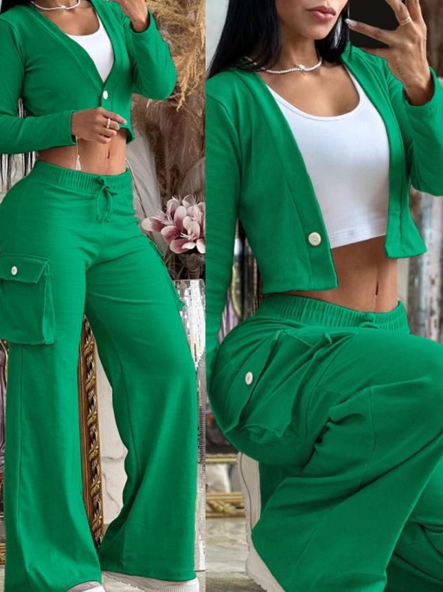 Fashionable casual solid color long sleeve two piece pants set women's clothing