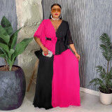 African Women's Elegant Plus Size Chiffon Patchwork Contrast Long Dress