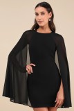 Solid color Mesh Cape Patchwork Round Neck Slim Dress