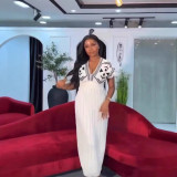 Women's Spring Elegant V-Neck High Waist Knit Jacquard Long Dress