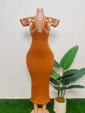 Women's Spring Elegant V-Neck High Waist Knit Jacquard Long Dress