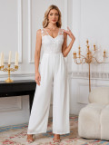 Women's Sexy V-Neck Wide-Leg Wedding Formal Party White Chiffon Lace Jumpsuit