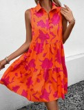 Women's Sleeveless Pleated Floral Print Button Shirt Dress