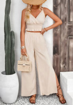 Women's Solid Color Straps Vest Straight Slit Casual Pants Summer Two-Piece Set