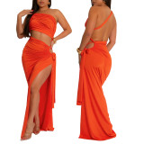 Fashionable women's solid color slash shoulder sexy slit dress