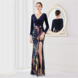 Winter Elegant Green Veet With Sequ Deep v Neck Long Sleeve Slit Cocktail Eevening Dress