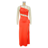 Fashionable women's solid color slash shoulder sexy slit dress