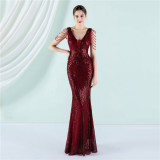 Women Summer Burgunry Modest v-Neck Sleeveless Patchwork Sequined Mermaid Fringed Evening Dress
