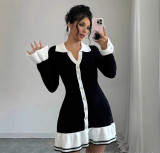 Ruffle Slim V-Neck Knit Long Sleeve Sexy Elegant Dress