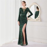 Winter Elegant Gray Sequ Mesh Patch Long Sleeve Slit Mermaid Formal Cocktail Evening Dress